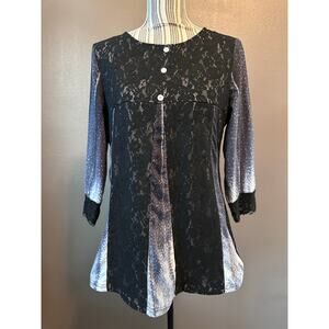 Black Lace Panel Blouse Mixed Media Button Front Womens Large